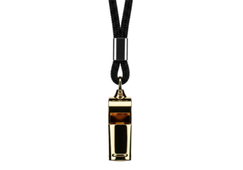 A mirror-reflective gold metal pea whistle hanging from a textured black nylon lanyard, macro product shot on a clean white studio background with copy space. Concept of official authority