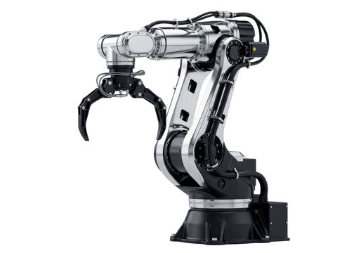 Hyper-detailed 3d rendering of a static, modern industrial robotic arm manipulator with highly polished chrome casing and matte black joints, set against a seamless white studio background with