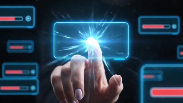 Hand Touching Futuristic Screen with Glowing Digital Interface Elements