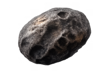 Asteroid or meteoroid object with rocky, cratered surface on transparent background, science and space concept