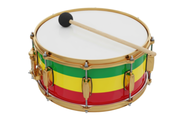 hyperrealistic macro close-up of a snare drum tilted diagonally, featuring pan-african green, yellow, and red enamel stripes and reflective brass hardware on a white background. concept of reggae