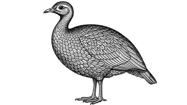 Vintage engraving of tinamou bird standing on white background