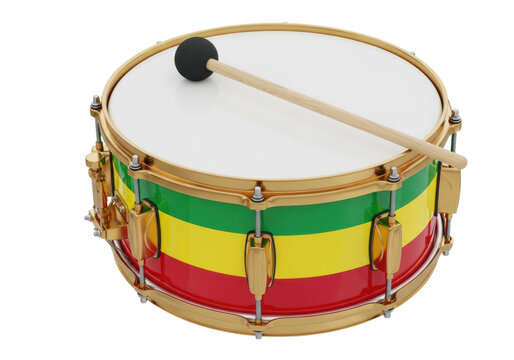hyperrealistic macro close-up of a snare drum tilted diagonally, featuring pan-african green, yellow, and red enamel stripes and reflective brass hardware on a white background. concept of reggae