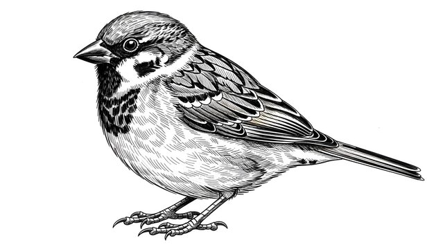 Sparrow bird black and white engraving drawing