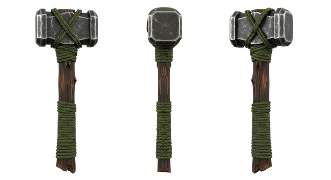 three isolated, hyperrealistic 3d views of a brutalist war hammer featuring distressed dark metal, weathered wood, and green paracord wrapping on a clean white background with copy space. technical