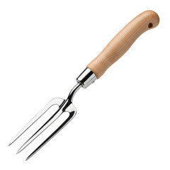 Obraz premium ultra-detailed macro shot of a premium gardening hand fork with gleaming silver stainless steel tines and a smooth light maple wood handle, isolated on a clean white background with copy space,