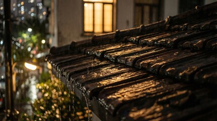 Rainy Night Scene on Rooftop Tiles at Dusk View