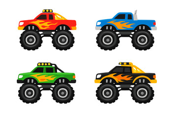 Four cartoon monster trucks with flame decals © Mark
