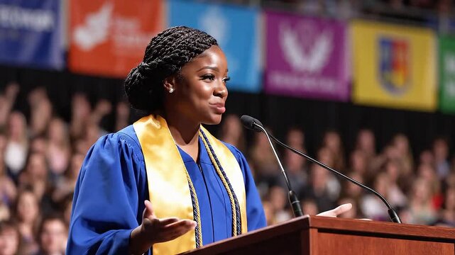 Graduation commencement speech during a university graduation ceremony giving graduates their degrees and diplomas for academic educational achievement