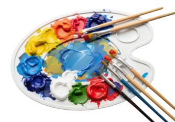 ultra-detailed macro shot of a used artist's palette holding thick, wet blobs of vibrant oil paint and scattered, stained brushes on a pristine white background, shallow dof. Concept of hands-on