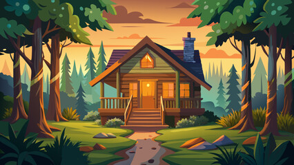 A rustic log cabin nestled in a lush, forested environment with tall trees and dense vegetation surrounding it. The cabin has a warm, glowing light emanating from the windows, creating a cozy and...