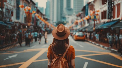 a stylish female tourist exploring the vibrant streets of downtown singapore with a backpack and trendy hat embracing the urban adventure in singapore