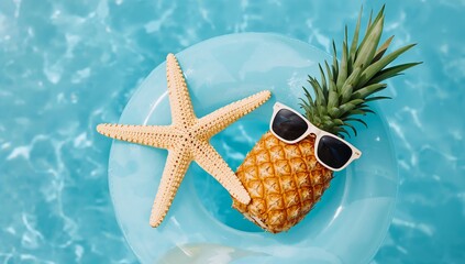 Starfish and Pineapple on Water Surface With Sunglasses in Bright Light