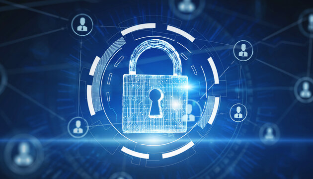 Digital Fortress: A conceptual representation of data security, with a luminous padlock at its center. This evocative illustration, highlighting cybersecurity, protection, and privacy. - Powered by Adobe