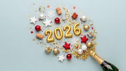 Golden 2026 foil balloons exploding from champagne bottle with festive stars, confetti, and christmas ornaments on blue background