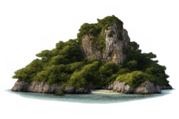 Remote tropical island with rocky cliffs, lush green vegetation, and a secluded beach, isolated paradise on transparent background