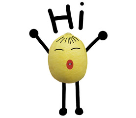 A cartoon yellow lemon character waves in greeting.