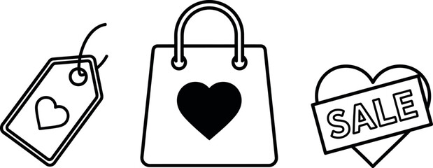 Collection of outlined shopping icons featuring sale tag retail bag and discount heart symbol for ecommerce promotions