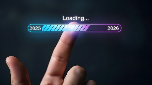 Futuristic loading progress bar transitioning from the year 2025 to 2026, symbolizing countdown and new beginnings - Powered by Adobe