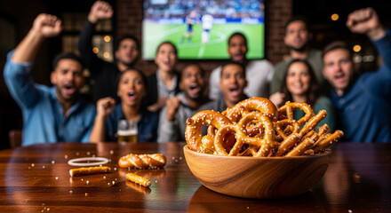 Group of friends cheering while watching sports and enjoying pretzels  