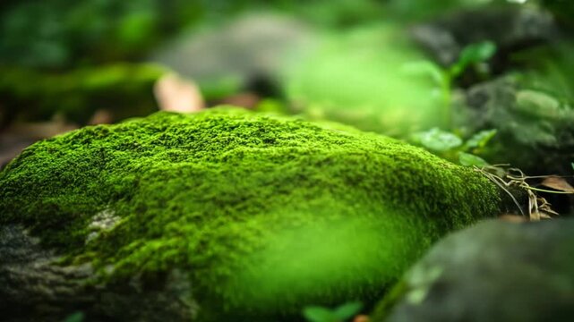 Green moss growing on a rock with a blurred background