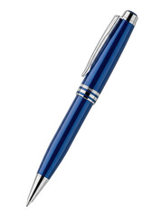 a pristine, high-gloss cobalt blue ballpoint pen with polished silver chrome accents, diagonally isolated on a white backdrop, emphasizing flawless craftsmanship. concept of luxury corporate