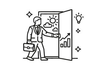 Businessman opens door to opportunity with business growth chart