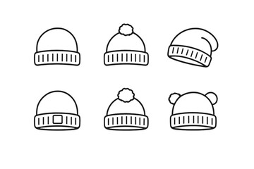 Fototapeta premium Six Icon Style Winter Hats on Grey Background