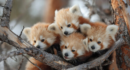 Four adorable red panda cubs huddled together on a tree branch in a forest