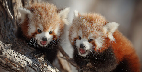 Pair of fluffy red panda cubs with open mouths resting on a tree branch in the wild