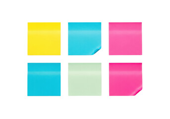 Fototapeta premium Photorealistic flat lay of six vibrant sticky notes (3x2 grid) with textured paper and slight curl, isolated on pristine white for copy space. Concept of structural clarity