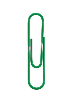 Macro, top-down shot of a pristine, vibrant emerald-green office paperclip balanced upright, revealing silver core, on a seamless pure white background, soft gradient shadow. Concept of organization