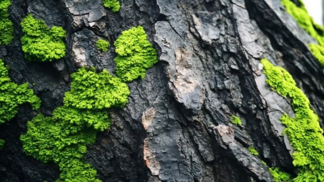 Green moss on tree bark texture background macro close up natural details