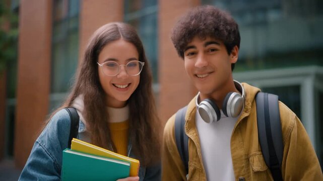 Two friends are hanging out on campus - coed students on university campus