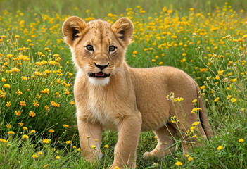 Cheerful African Lion cub, surrounded by tiny savannah flowers