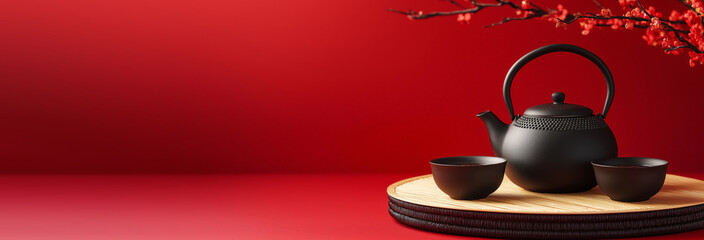 Tea – Japanese Ceremony with Hot Teapot and Teacups on Red Background