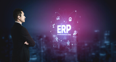 ERP platform visual showing centralized system for enterprise resource planning, improving integration, data flow, business efficiency, finance, inventory, and human resources. Spline