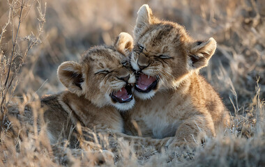 Two Playful Lion Cubs Bonding and Roaring Together in the African Savannah Grassland at Sunset