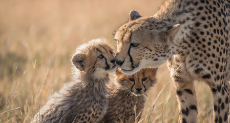 Intimate Moment of a Mother Cheetah Tenderly Nuzzling Her Young Cub in the African Wilderness