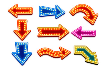 Collection of glowing neon arrows with lights