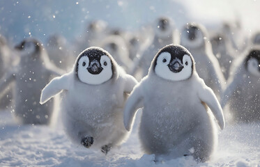 Happy Baby Penguin Chicks Running and Playing in the Deep Snow at a Polar Antarctic Colony