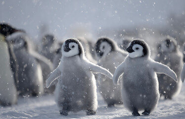 Adorable Fluffy Emperor Penguin Chicks Walking Through a Gentle Snowfall in the Antarctic Winter
