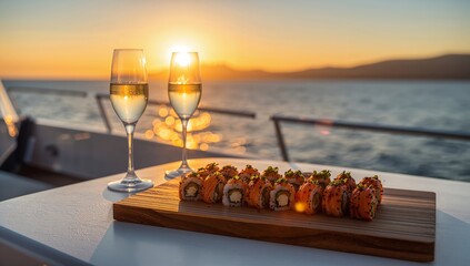Sushi and Drinks on a Table With a Sunset View Over the Water During an Evening Gathering