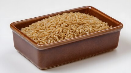 A close up view of uncooked brown rice filling a small brown ceramic dish against a clean white background