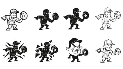 Baseball pitcher in action throwing ball with intensity, dynamic poses on white background, depicting power focus and competitive spirit