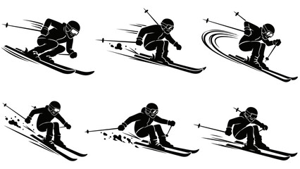 Skiing action poses downhill slalom race silhouette set with motion lines and snow spray dynamic movement illustration