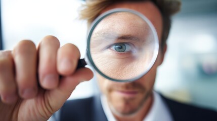 businessman demonstrating advanced search technology using a magnifying glass to improve website visibility and optimization for higher search engine rankings
