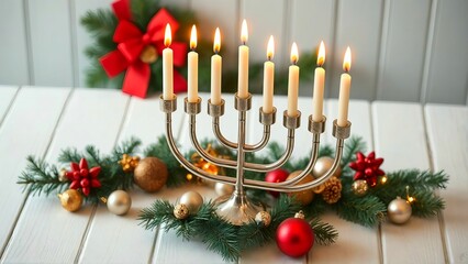 hanukkah celebration.  menorah with burning candles and Holiday ornaments  on white wooden table.  space for text