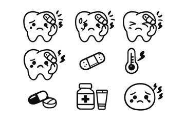 Sad and injured tooth icons with medical supplies