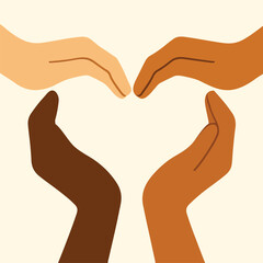 Hands of different skin tones forming a heart, justice and equality concept, minimal flat vector vector styles
